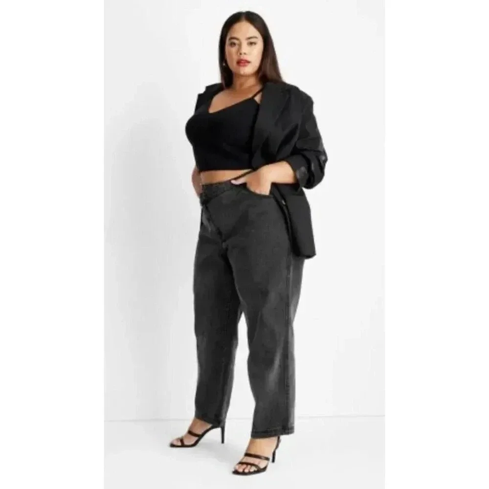 Future Collective Kahlana Brown Size 0 Jeans Black Overlap Waist Tapered Leg NWT - Picture 2 of 12